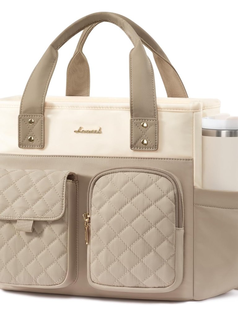 Insulated Lunch Bag For Women, Elegant Quilted Stitching Lunch Tote With Cup Hol